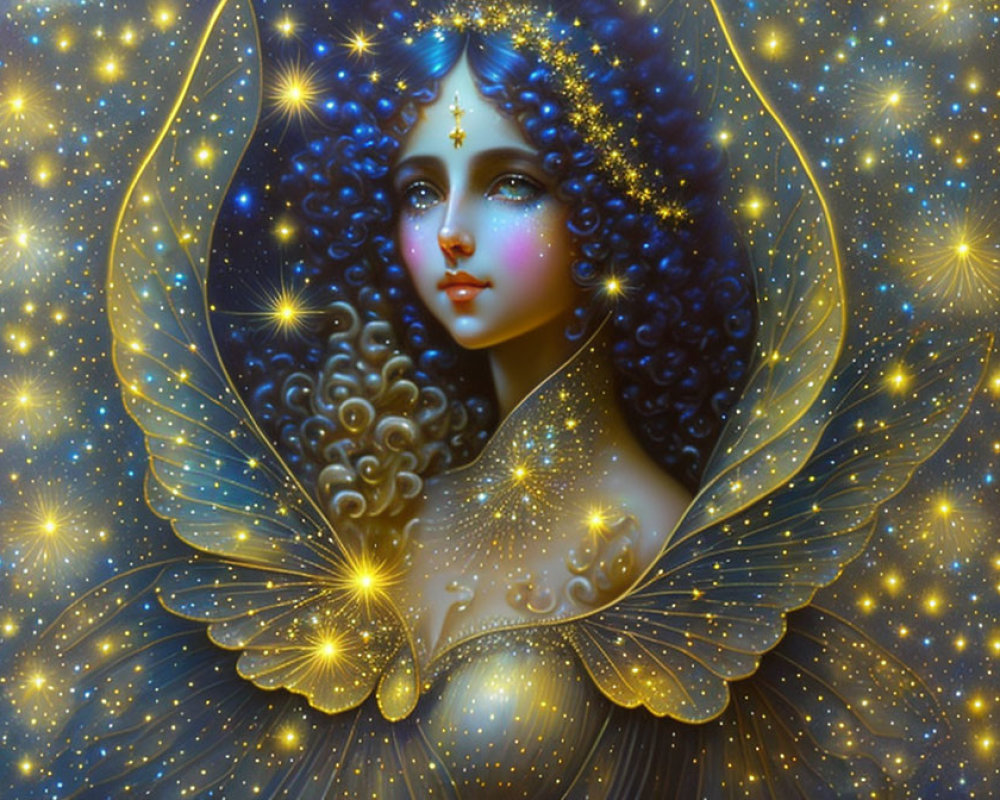 Blue-skinned woman with butterfly wings and starry patterns.