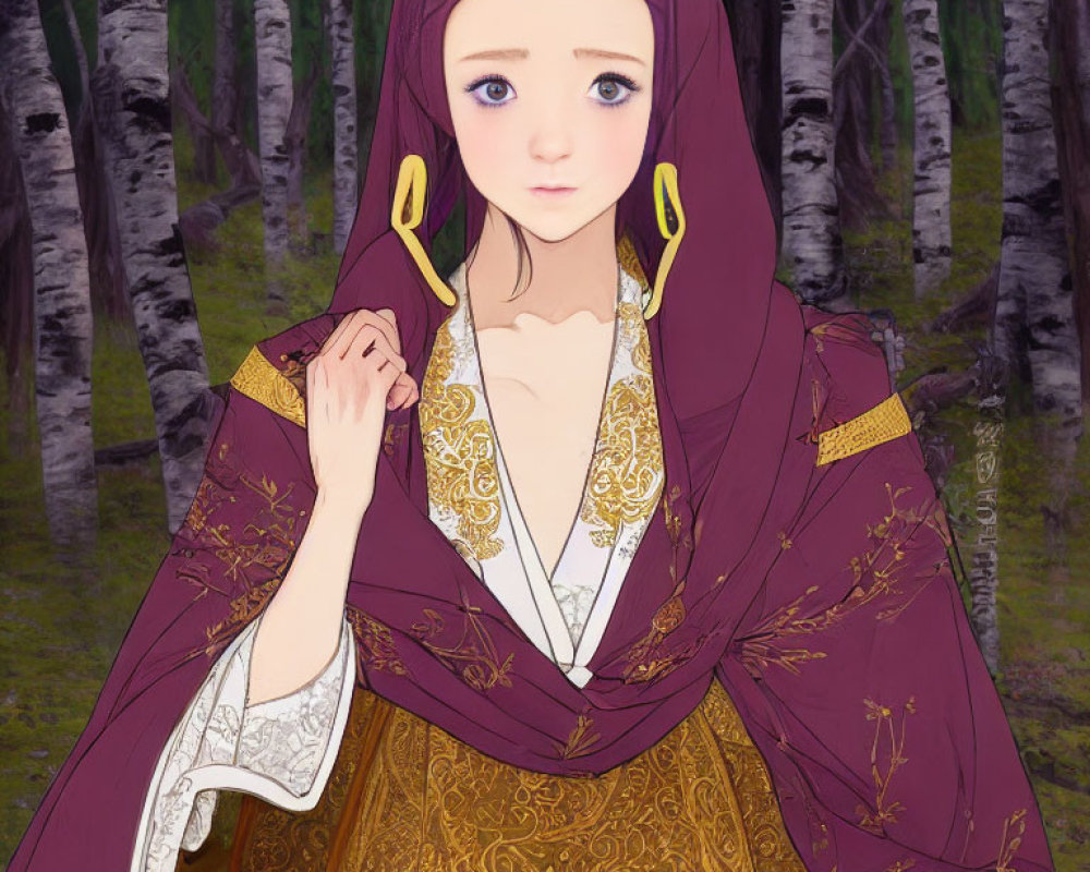 Medieval-style illustrated young woman in purple and gold gown.