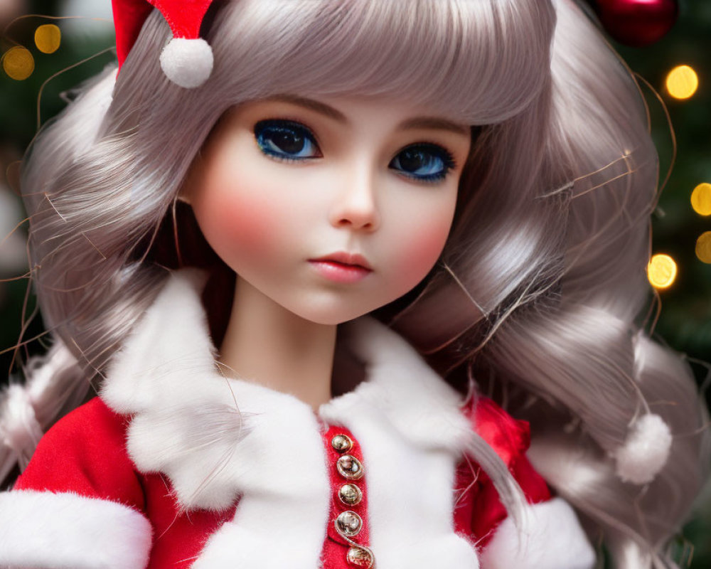 Blue-eyed doll in Santa outfit with silver hair, against Christmas tree backdrop