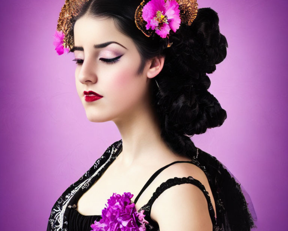 Traditional Attire Woman with Decorative Headpiece on Purple Background