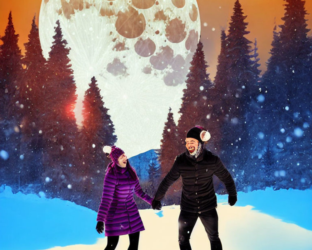 Couple Holding Hands in Snowy Winter Landscape with Moon and Hot Air Balloon