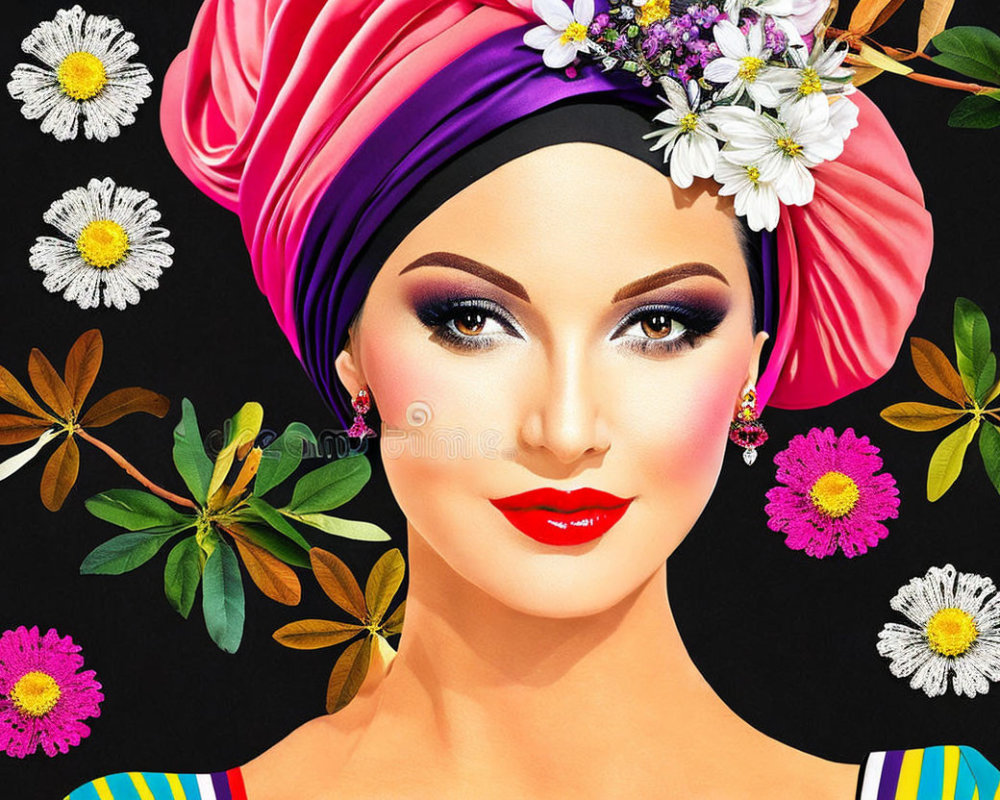 Vibrant woman in floral turban with bold makeup on black background