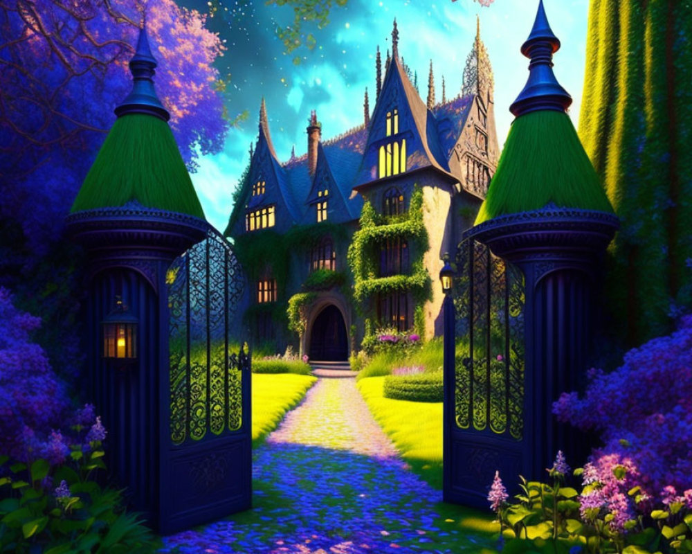 Enchanting nighttime scene with ornate gate, gothic house, and vibrant foliage