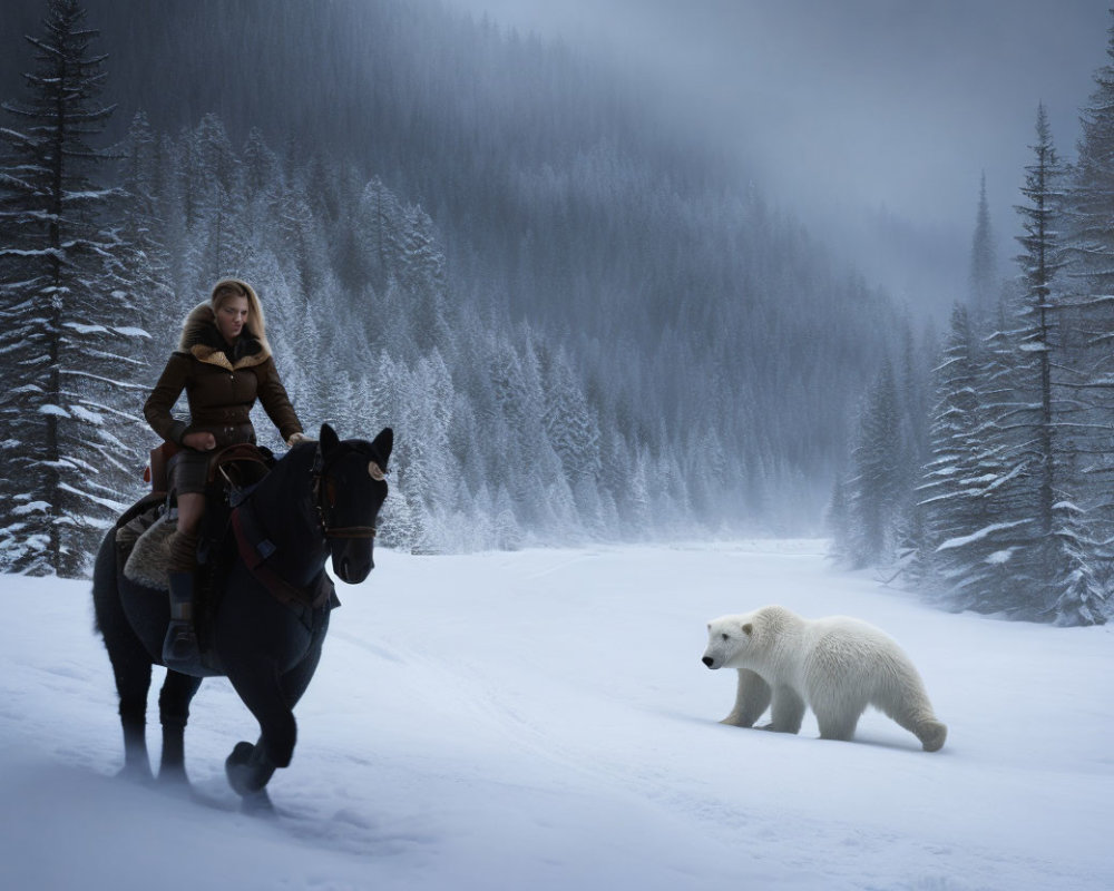 Equestrian on dark horse in snowy landscape with polar bear and pine trees