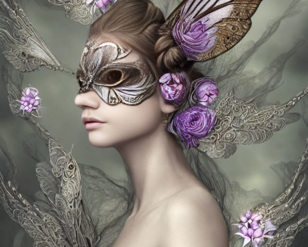 Person wearing butterfly mask surrounded by floral hair, whimsical butterfly-themed backdrop