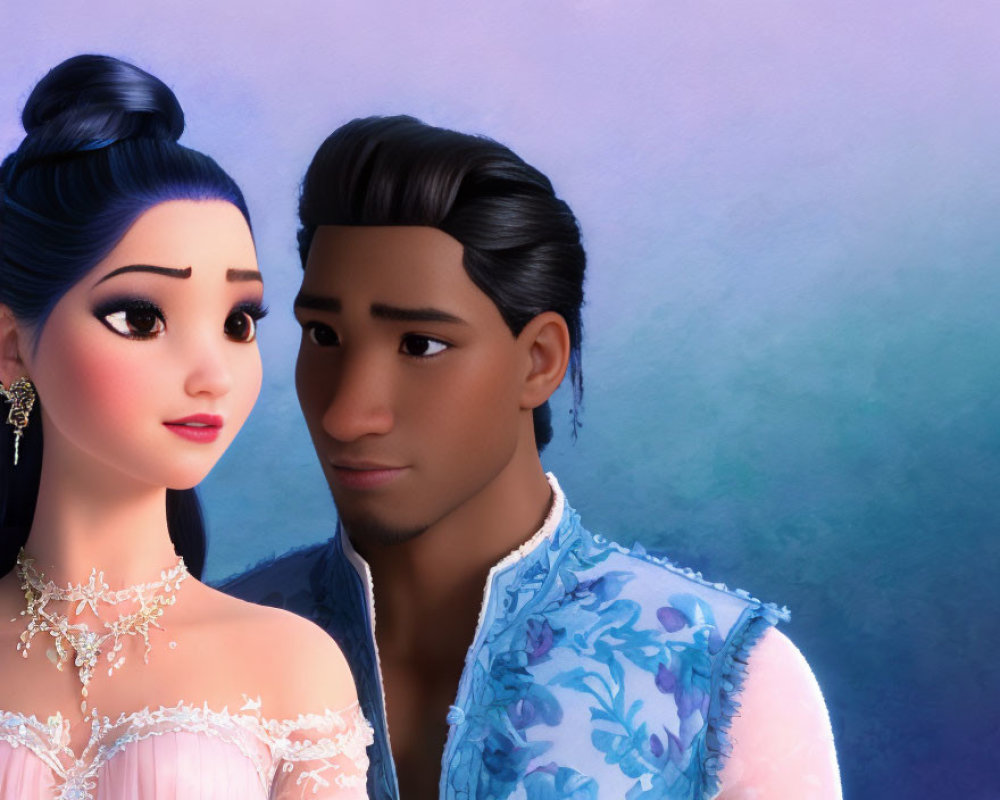 Animated characters: woman with blue updo and man with dark hair, gazing affectionately on soft