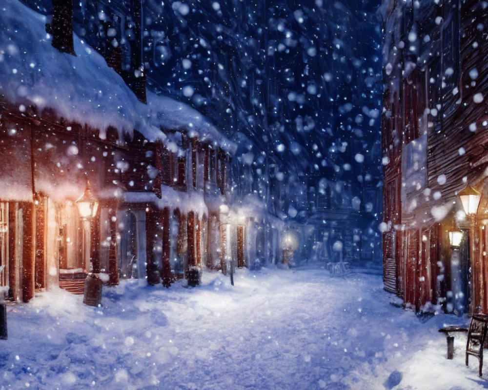 Snowy Evening Scene: Snowflakes Falling on Quaint Street with Traditional Wooden Houses