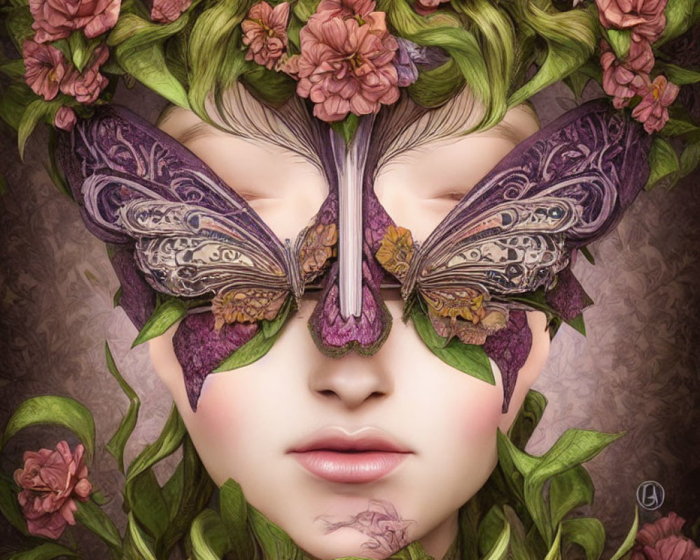 Digital artwork features person's face with butterfly mask, surrounded by green leaves and pink flowers