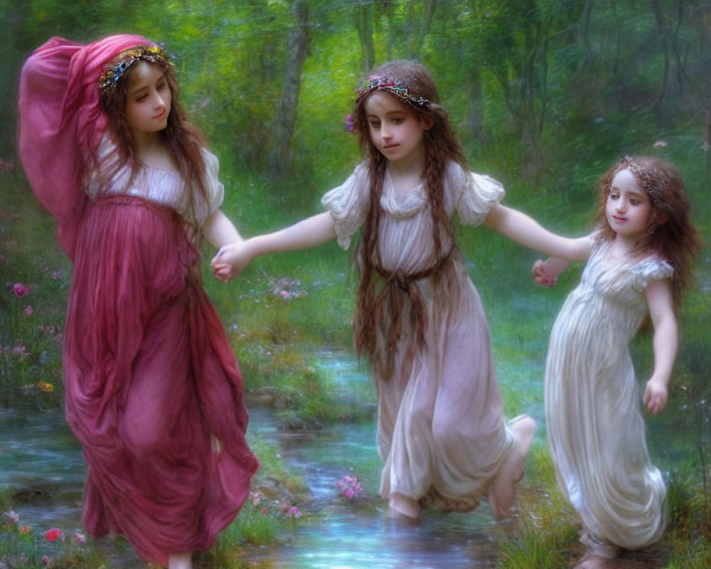 Three girls in flowing dresses holding hands in ethereal forest with misty atmosphere.