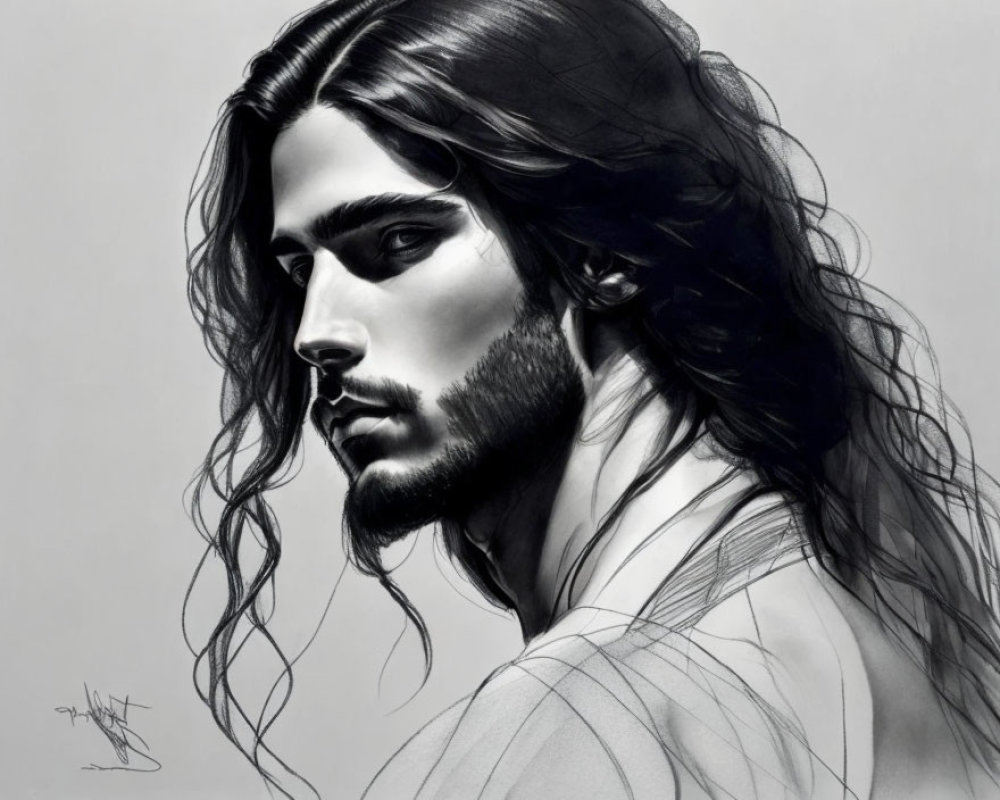 Monochrome portrait of a man with long wavy hair and intense gaze