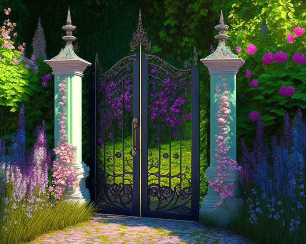 Metal gate and stone pillars in lush garden with vibrant flowers.