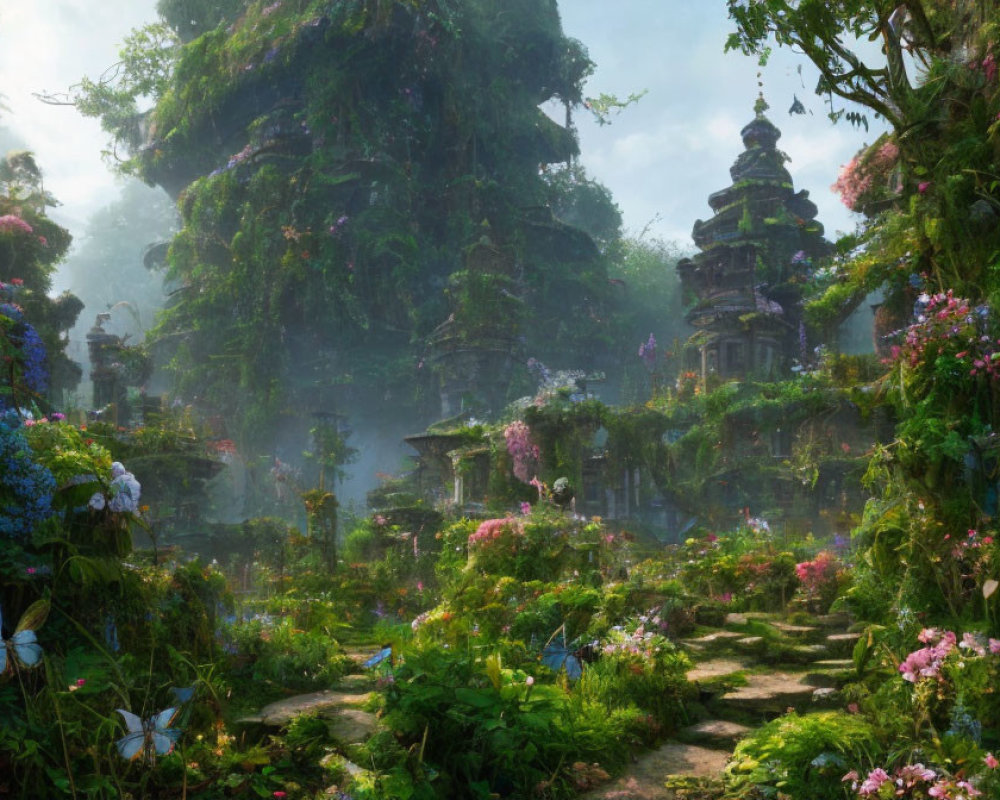 Enchanting overgrown garden with ancient ruins and vibrant flowers