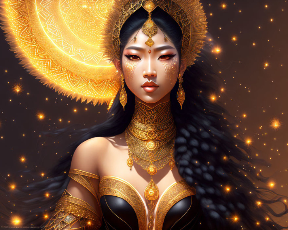 Illustration of Woman with Gold Jewelry and Tattoos Under Sun Halo