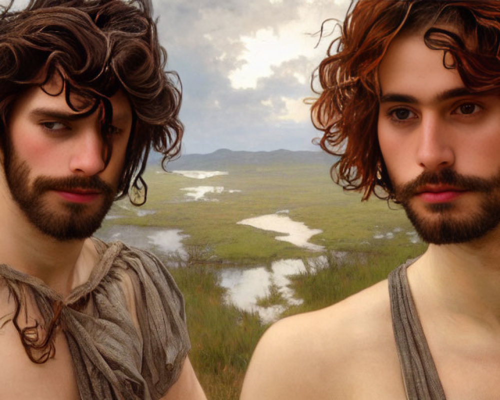 Two Men with Curly Hair and Beards Outdoors in Serene Landscape