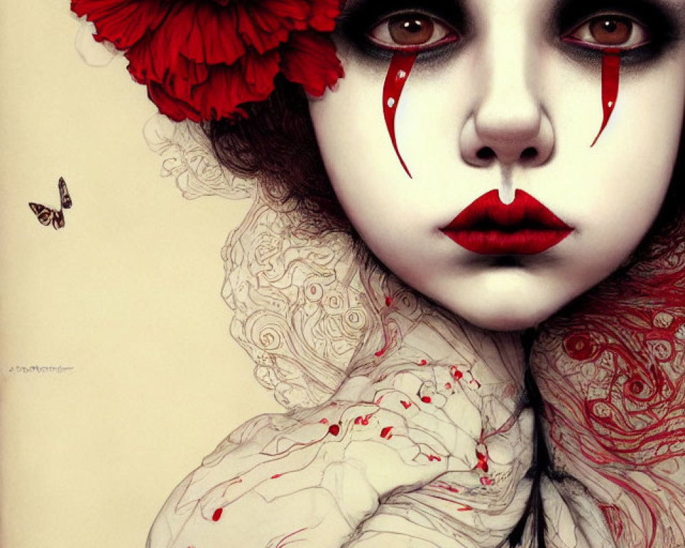 Person with large red flower in hair, dramatic makeup with tears of blood, white outfit with red spl