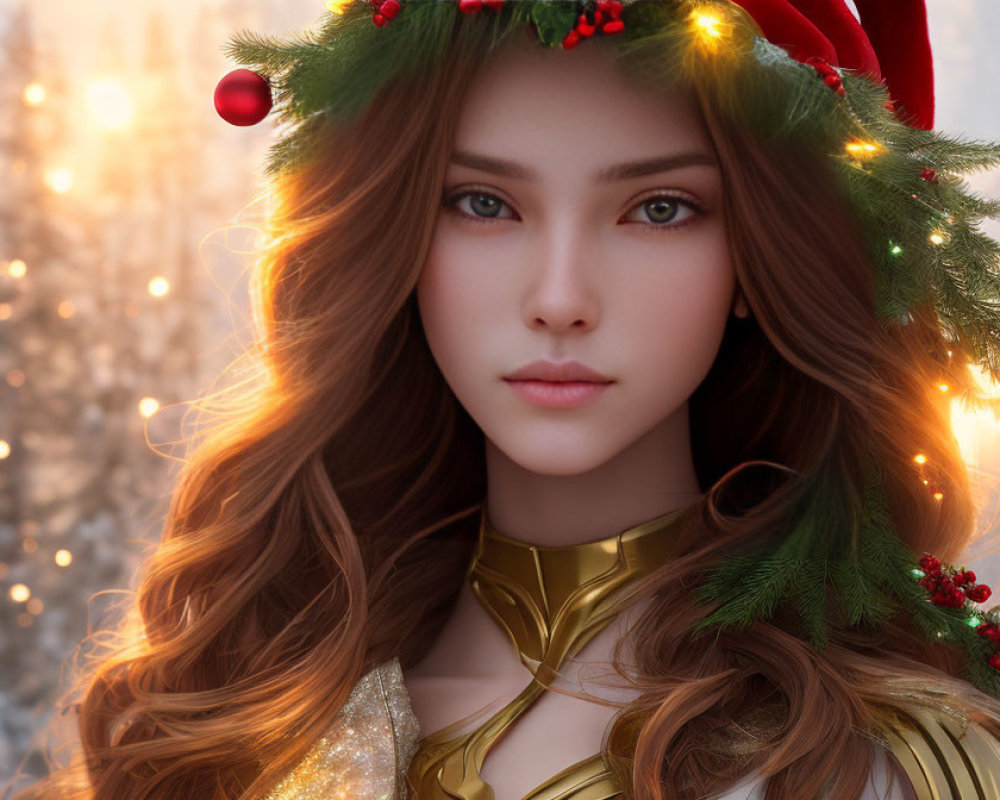 Festive digital art portrait of a woman in golden armor with Christmas hat and holly