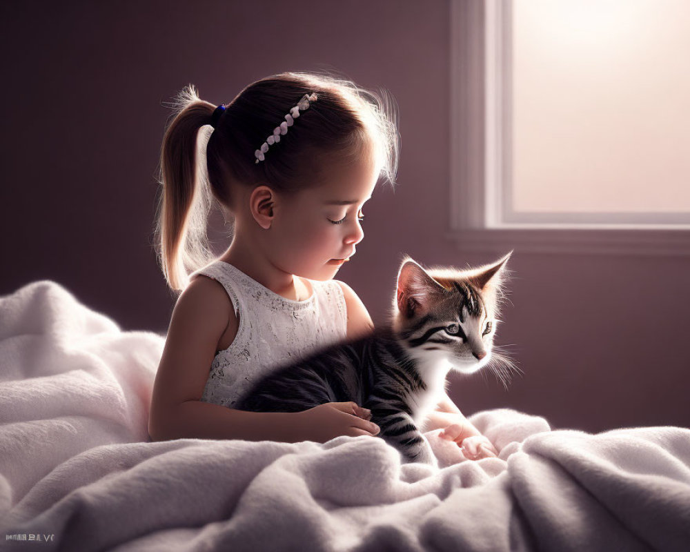 Young girl with tabby kitten in cozy sunlight scene