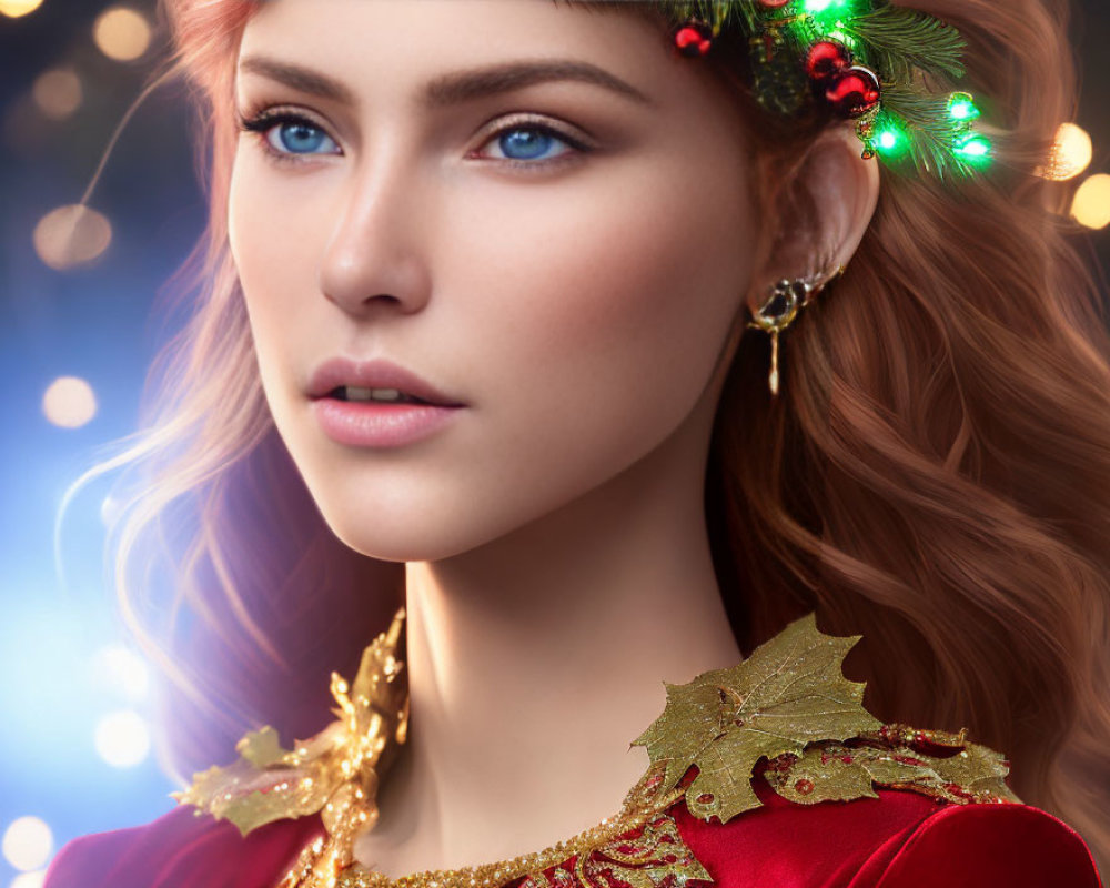 Digital artwork: Woman with blue eyes in festive attire on bokeh light background