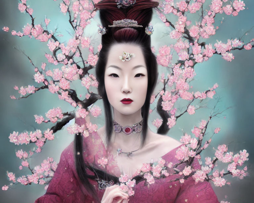 Traditional East Asian Attire with Cherry Blossoms and Serene Expression