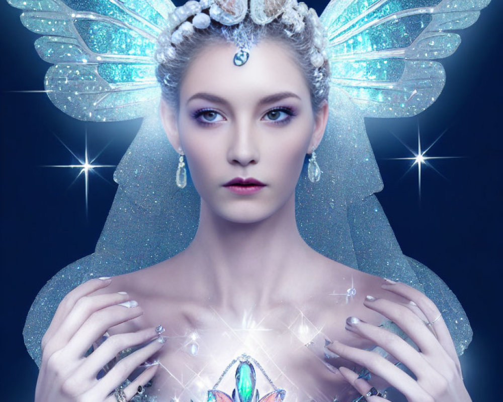 Fantasy-themed portrait of a woman with glowing butterfly wings and sparkling jewelry