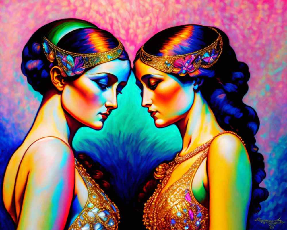 Two women in ornate headbands and intricate hairstyles on vibrant background