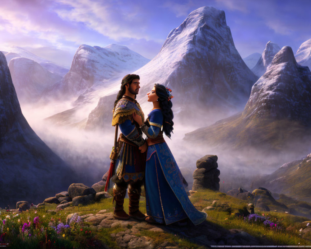 Fantasy setting with royal couple admiring each other against misty mountains