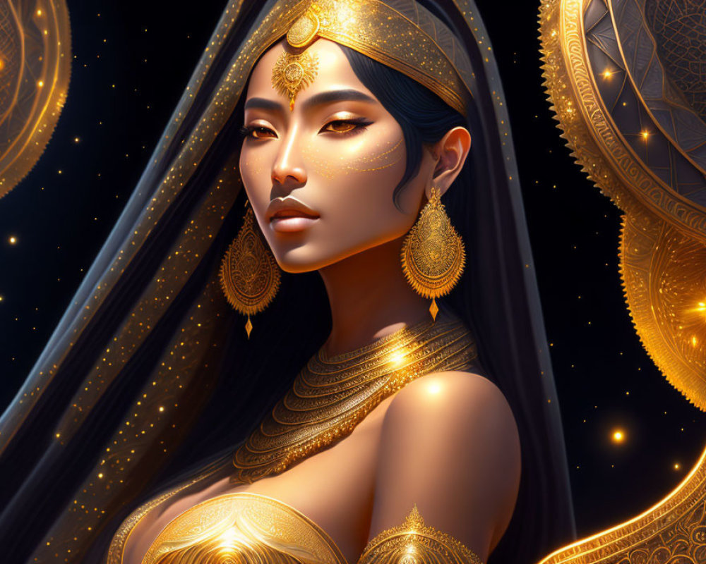 Golden jewelry adorned woman in intricate attire against dark starry backdrop