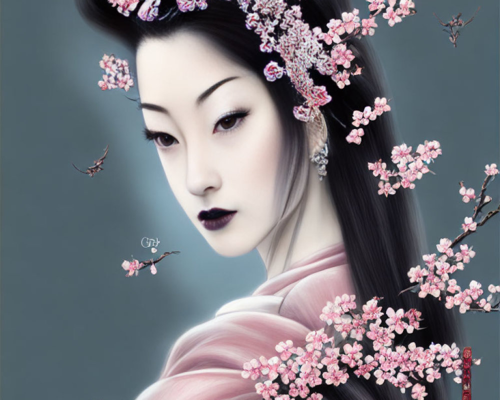 Traditional East Asian woman adorned with pink cherry blossoms