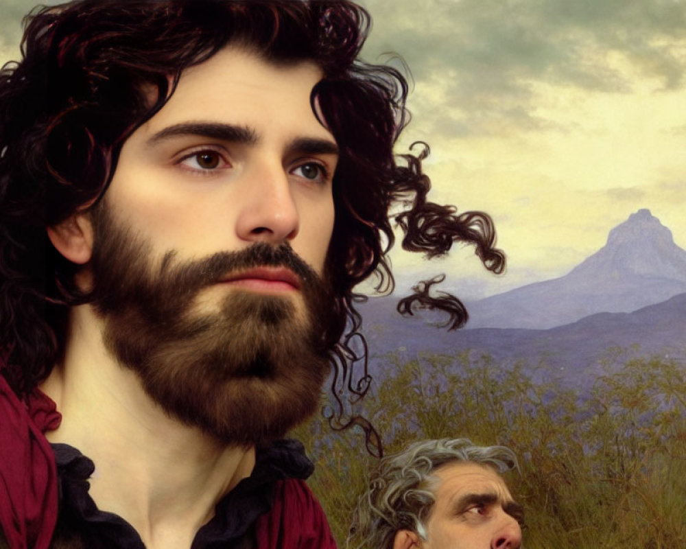 Digital painting of two men with dark hair and beard in serene landscape.