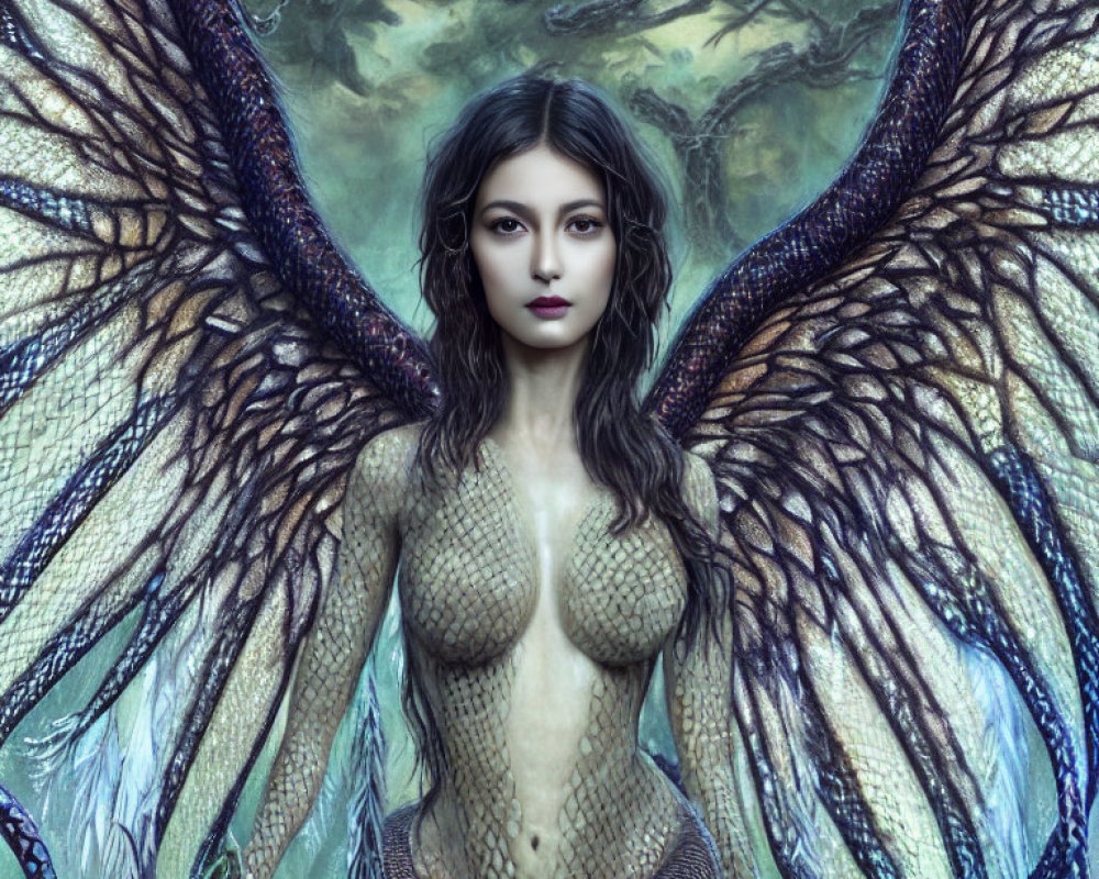 Fantasy digital artwork: Female humanoid with feathered wings, scales, and serpent-like creatures.