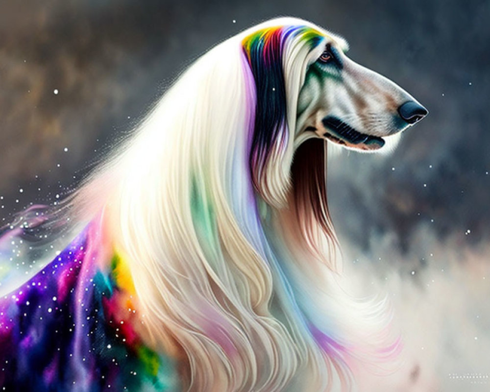 Majestic dog with multicolored mane in cosmic fantasy scene