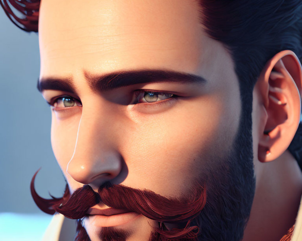 Stylized 3D male character with beard, mustache, blue eyes, and aub