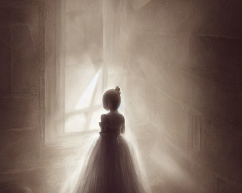 Child in flowing dress by sunlit window in dimly lit room