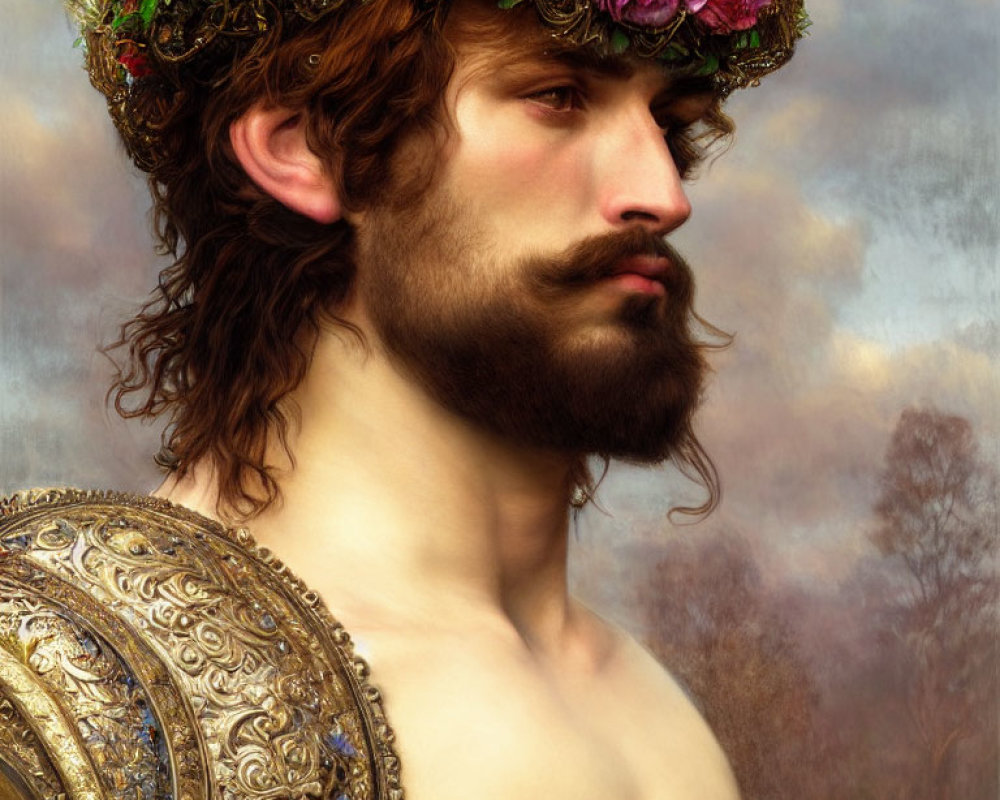 Classical painting of bearded man in armor with floral crown against cloudy sky