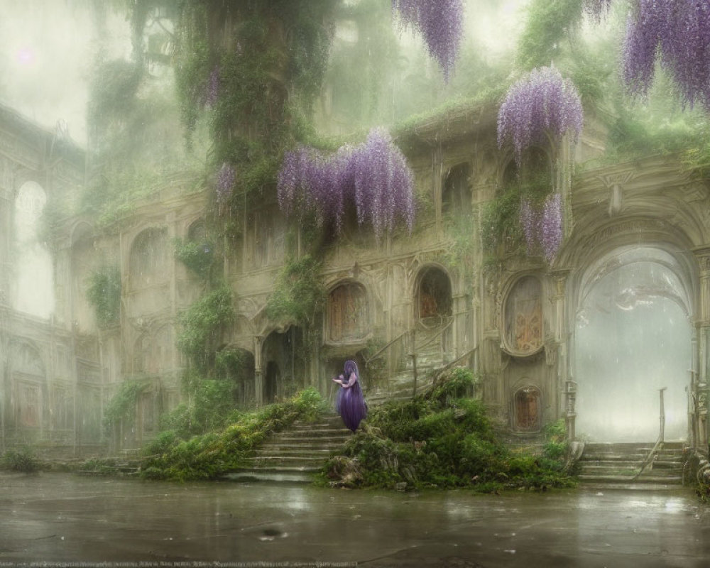 Mysterious woman in purple cloak at overgrown mansion with wisteria