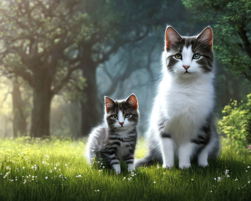 Fluffy Cats in Sunlit Meadow with Trees and Flowers