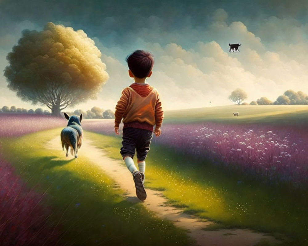 Young boy running with dog towards cow in vibrant field landscape