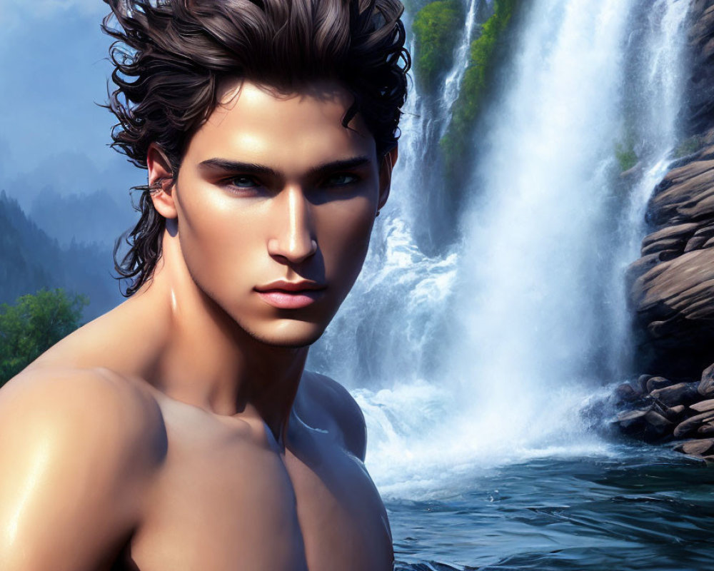 Digital Artwork: Young Man with Blue Eyes by Waterfall