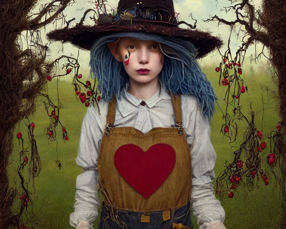 Child in whimsical outfit with heart emblem and large hat against stylized background with red berries.