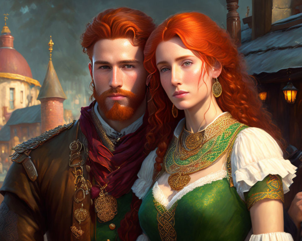 Detailed digital painting of red-haired man and woman in medieval attire against old town backdrop