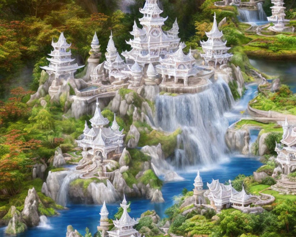 Fantasy landscape with white pagodas, waterfalls, greenery & stones