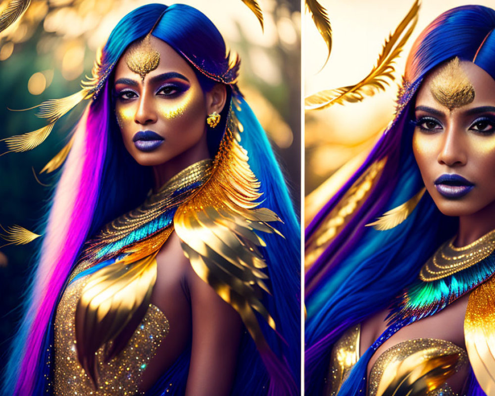 Vibrant Blue and Purple Hair with Exotic Golden Makeup and Feathers