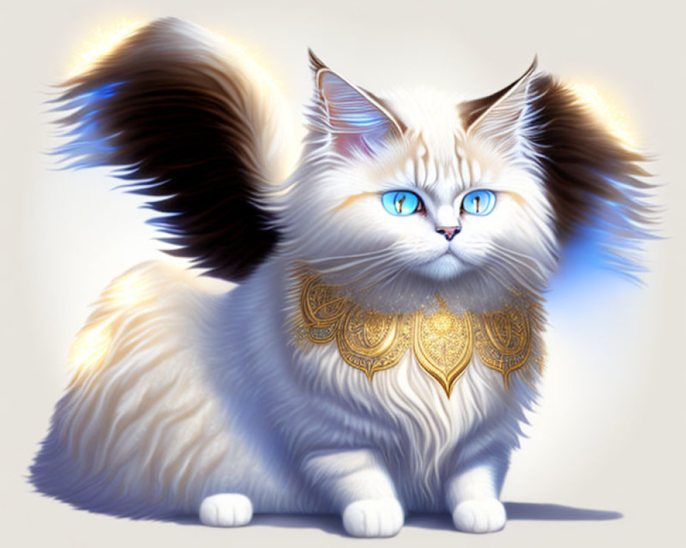 Illustration of white cat with blue eyes, wings, and golden collar