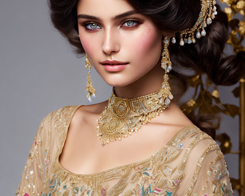 Woman with Striking Blue Eyes in Elaborate Gold Jewelry and Beige Outfit