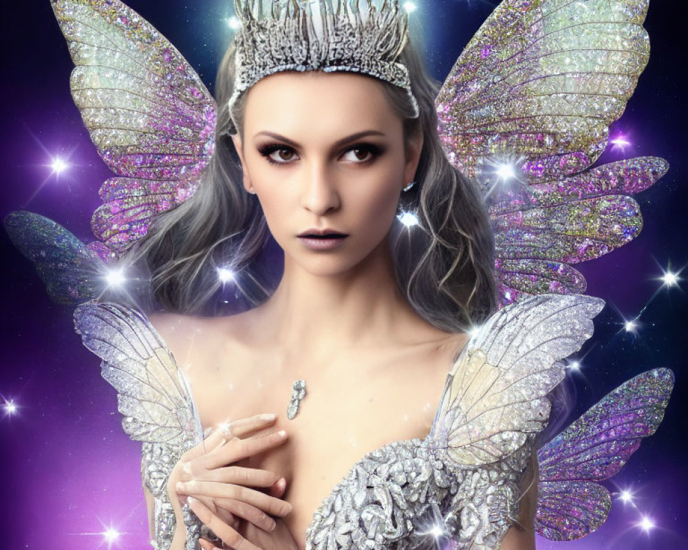 Fantastical image: Woman with fairy wings and silver crown in starry setting