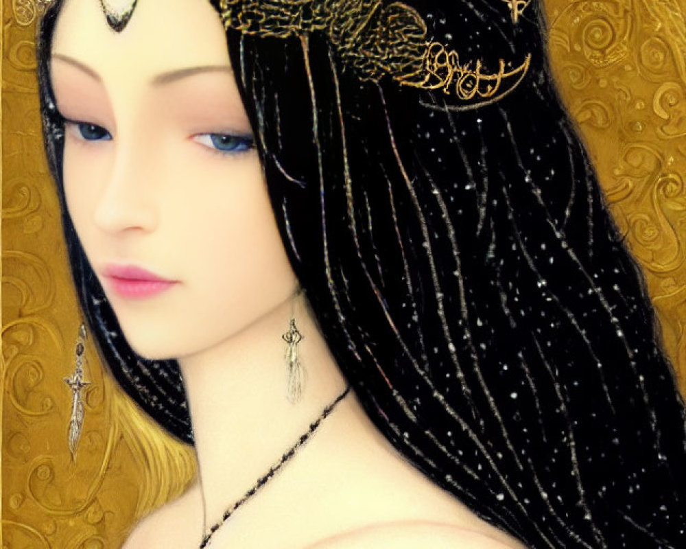 Illustration of woman with pale skin, long black hair, golden headpiece, earrings, on gold