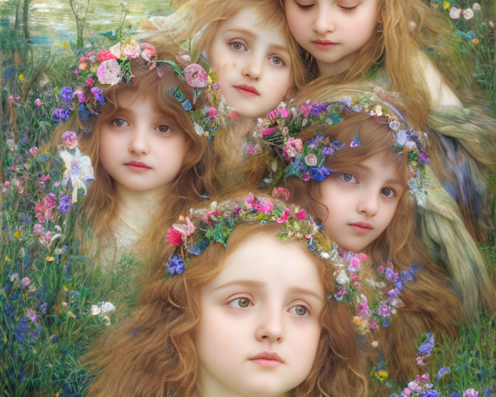 Four young girls with floral crowns in dreamy portrait surrounded by lush landscape