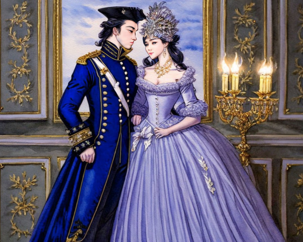 Illustrated couple in regal navy and lavender attire