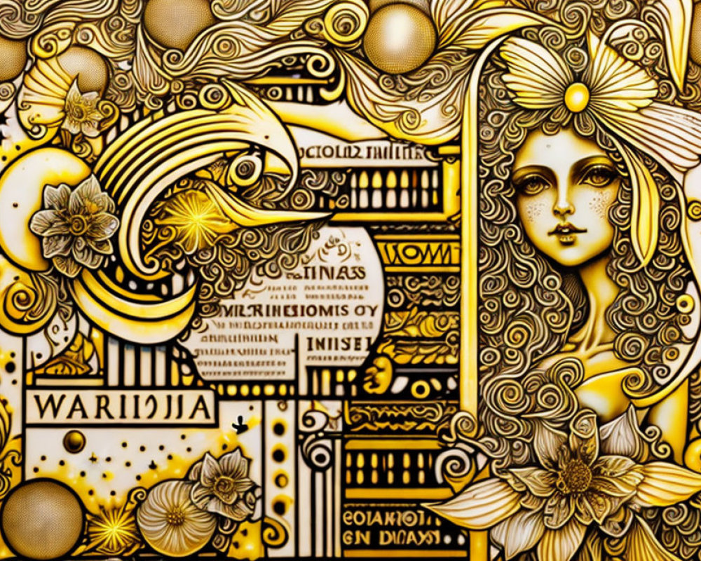 Symmetrical golden illustration of woman's face with floral patterns and abstract designs