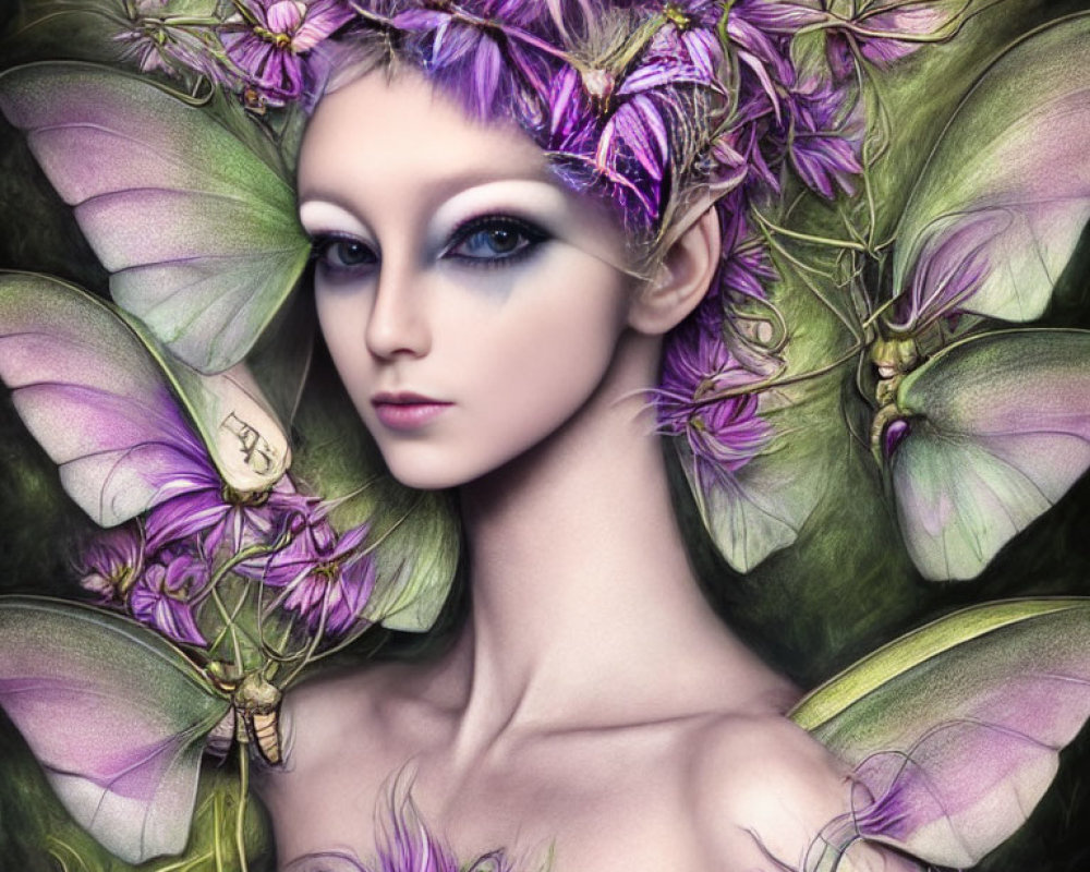 Fantasy portrait: Person with violet eyes, purple flower crown, surrounded by butterfly wings